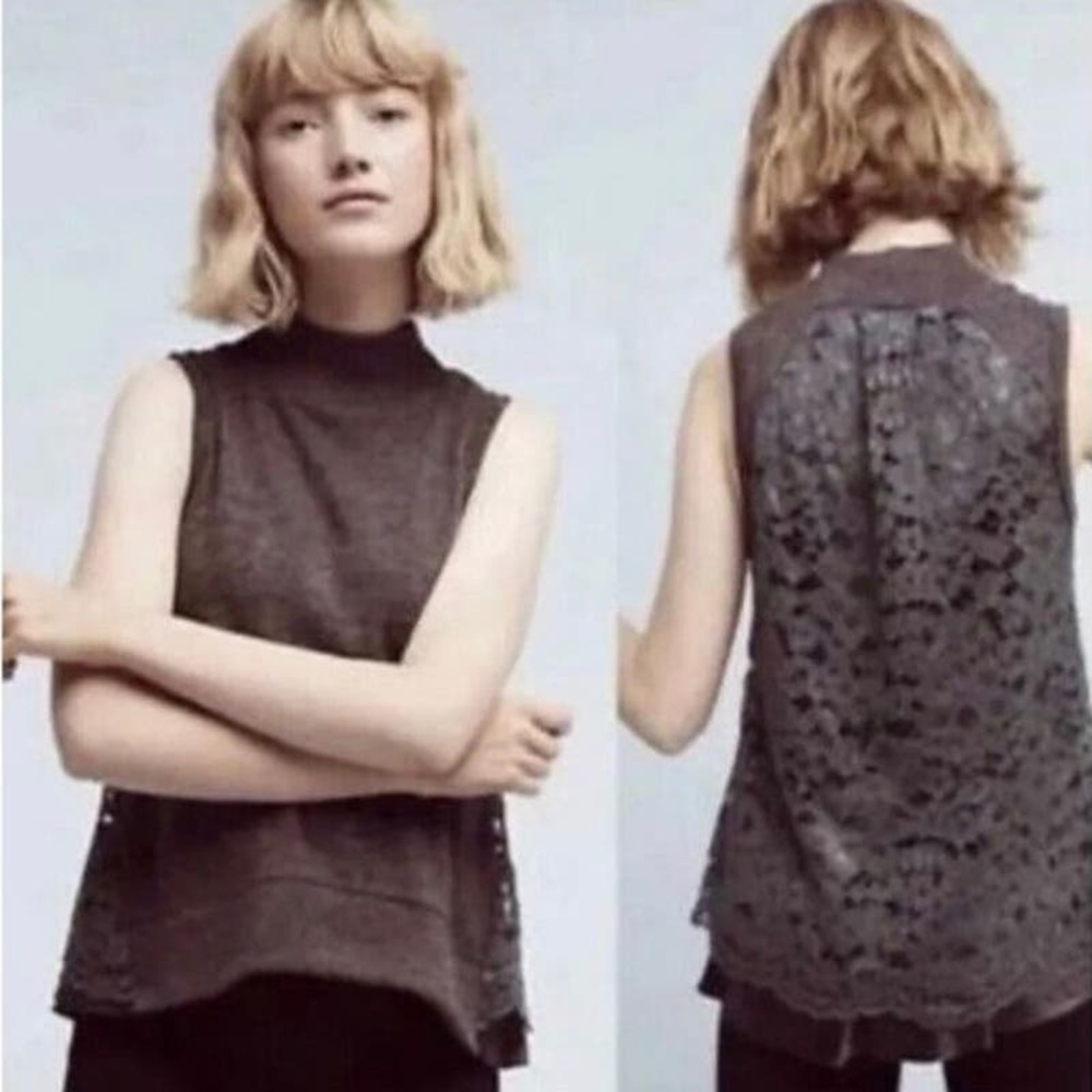 Moth Anthropologie Gray Mock Neck Sleeveless Lace Back Knit Top Medium